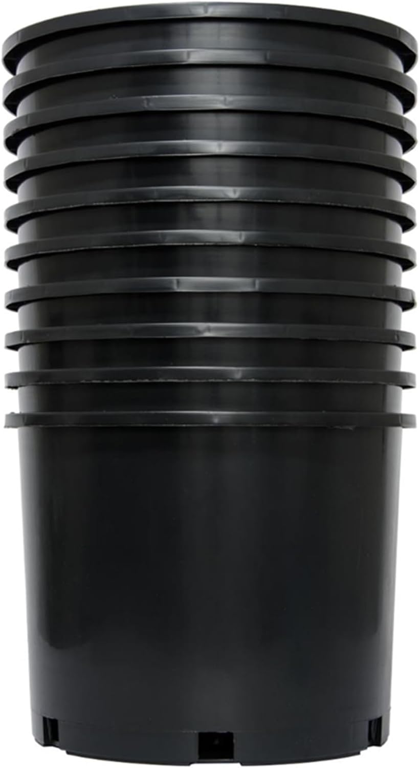 Round 7 Gallon Wide Rim Durable Stackable Plastic Garden Plant Nursery Pot with Drainage Hole, for Indoor or Outdoor Use, Black (10 Pack)