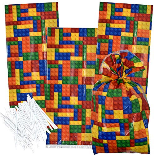 Gift Boutique 100 Building Blocks Cellophane Bags Plastic Treat Favor Bag Building Brick Block Themed Birthday Party Supplies Decorations for Kids Classroom Reward, Carnival Candy Goody Grab Bag