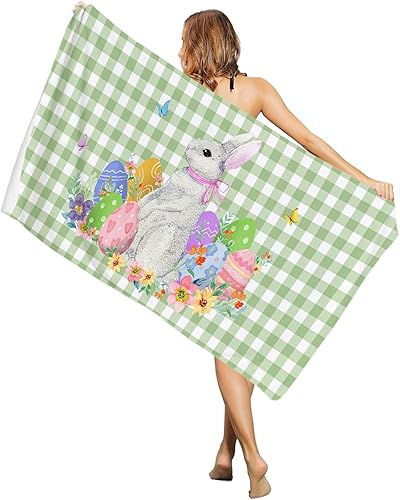 Happy Easter Eggs Bunny Flowers Beach Towel-Sand Free Absorbent Blanket Oversized Large Pool Towels Spring Green Buffalo Checker,Quick Dry Super