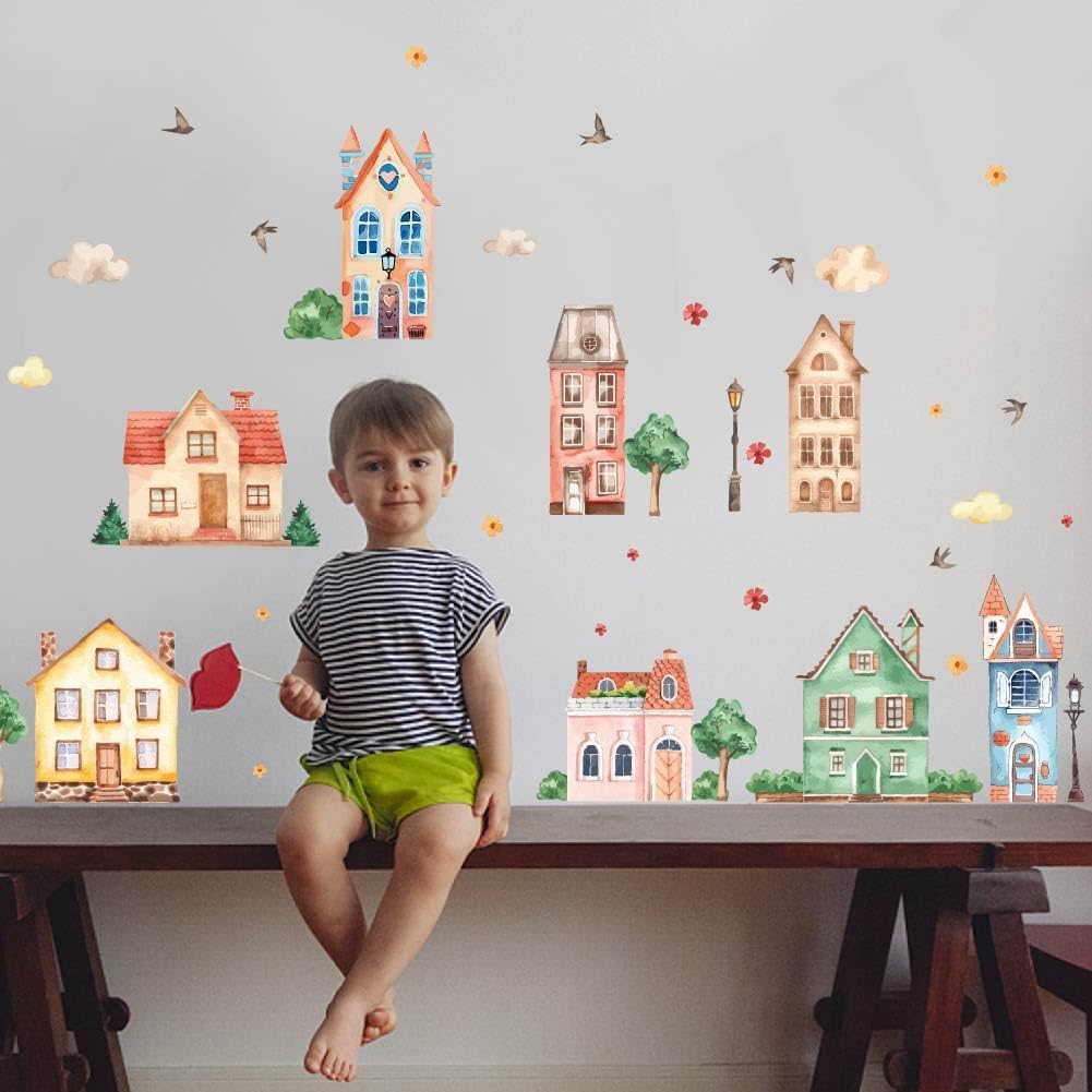 SUPERDANT Garden House Wall Stickers Watercolor House Wall Decor Tree Grass Vinyl Art Stickers Birds Clouds Decals Houses Decor for Bedroom Nursery Livingroom Playroom Kids Room Decoration