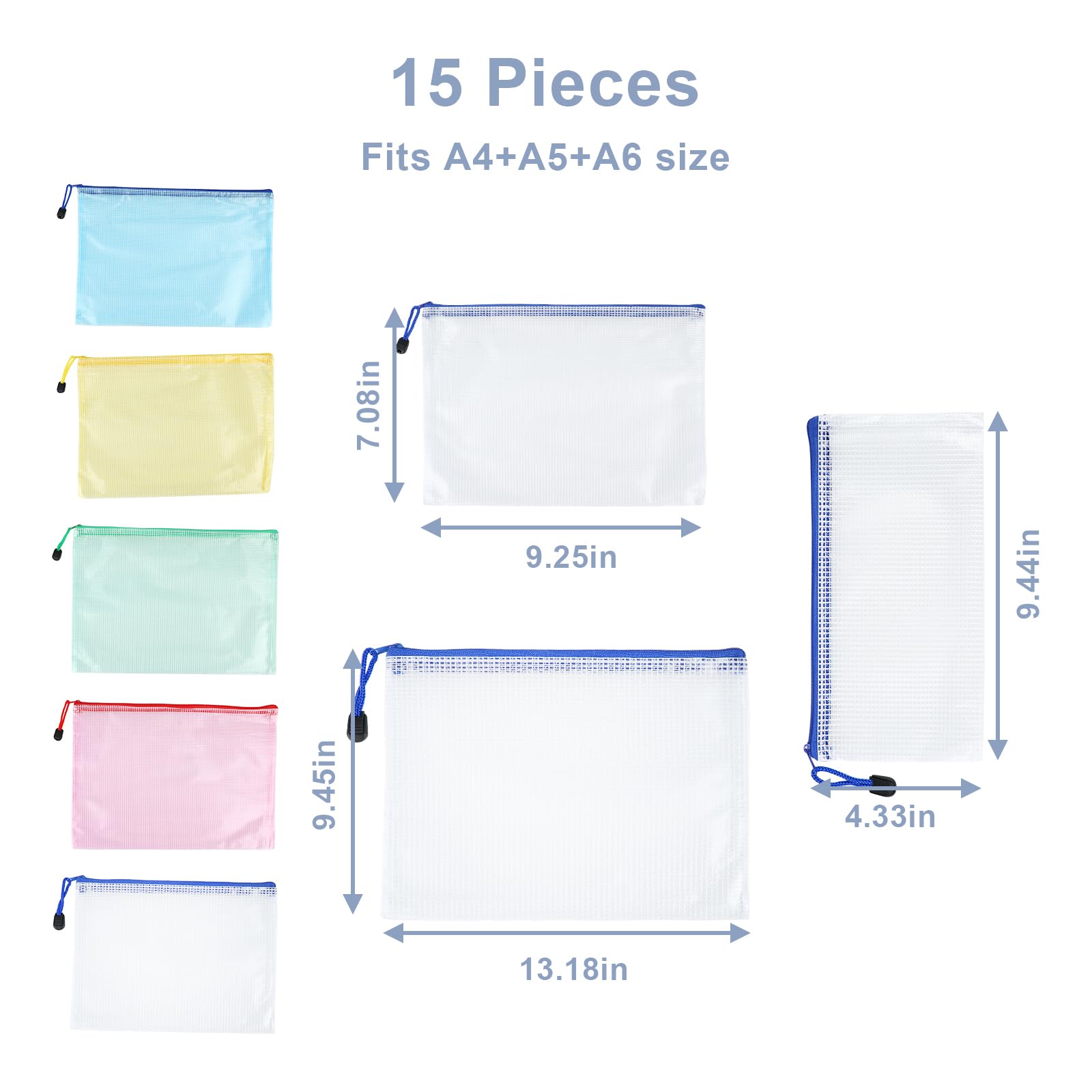 Pochette Document A4+A5+A6, 15 Pièces (5 de Chaque Taille), Document Dossier Pochette, Pochette Plastique Zippée pour Documents, Papier, Cosmétiques, pour l'École, le Bureau et les Devoirs