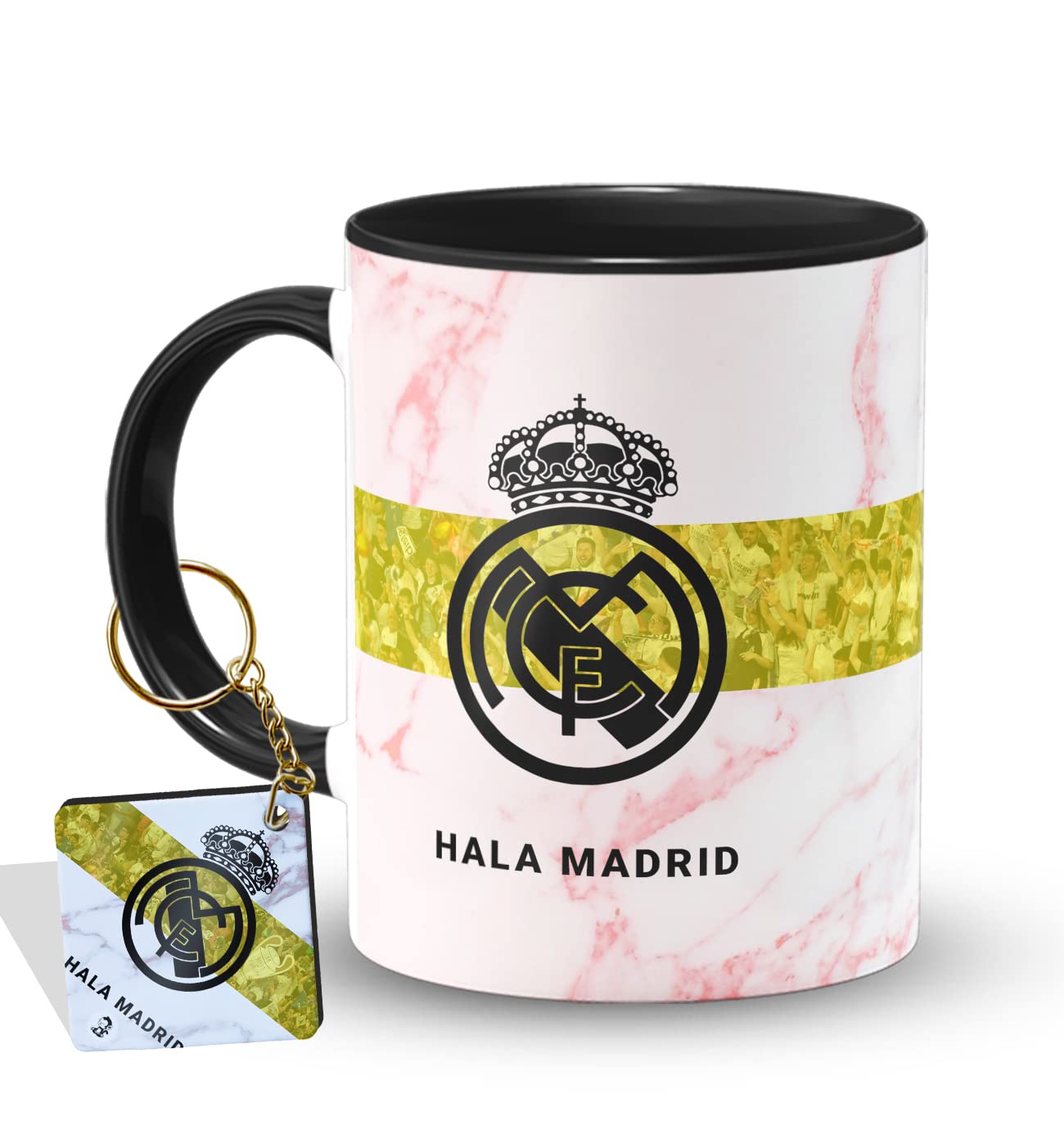The Desi Monk Hala Madrid Printed Inside Black Mug with Keychain | RMFC Coffee Mug 11oz | Football Mug is Microwave and Dishwasher Safe 330ml | KMUG-494