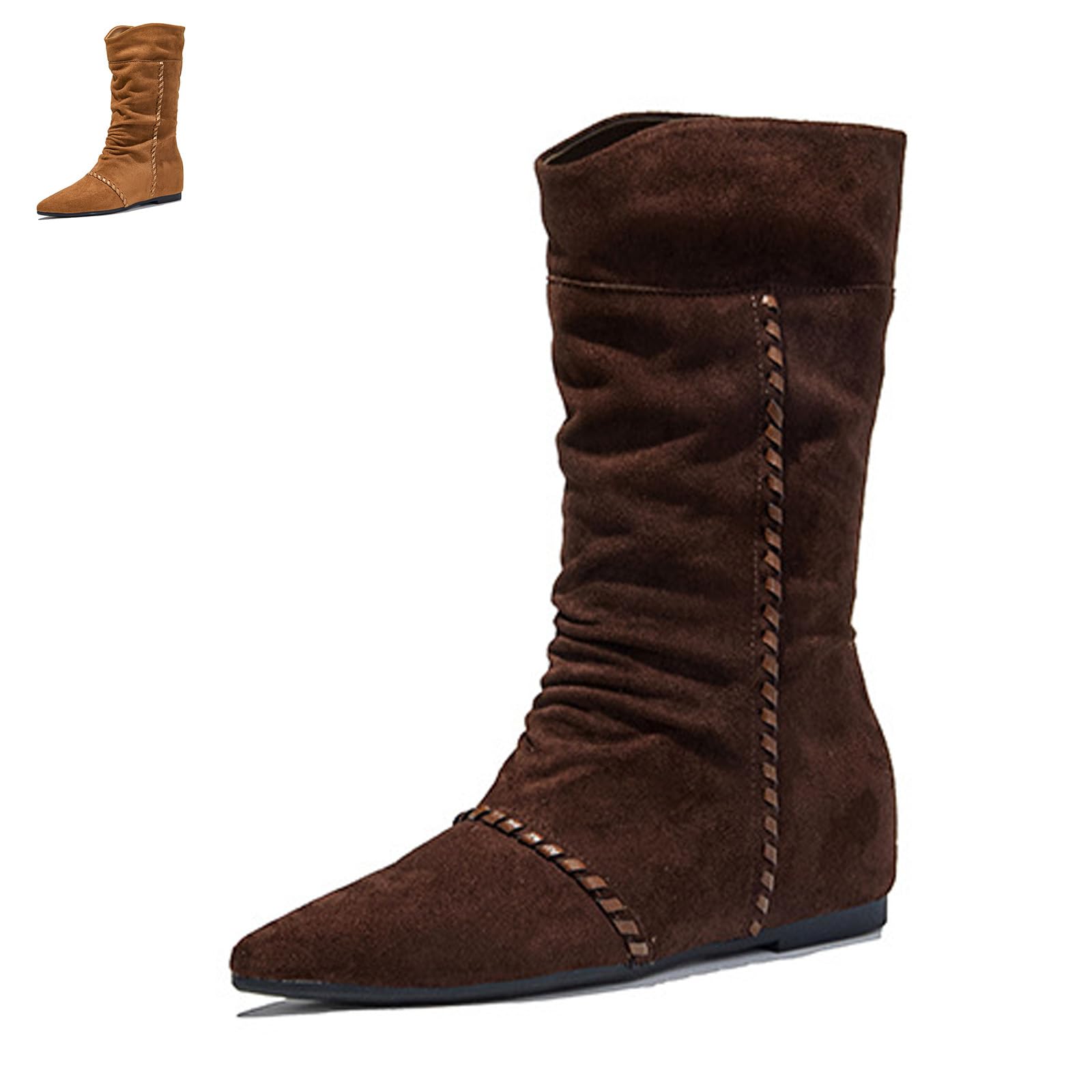 Womens Ruched Suede Fall Winter Flat Ankle Boots Retro Comfortable Breathable Invisible Height Increasing Pointed Toe Pull On
