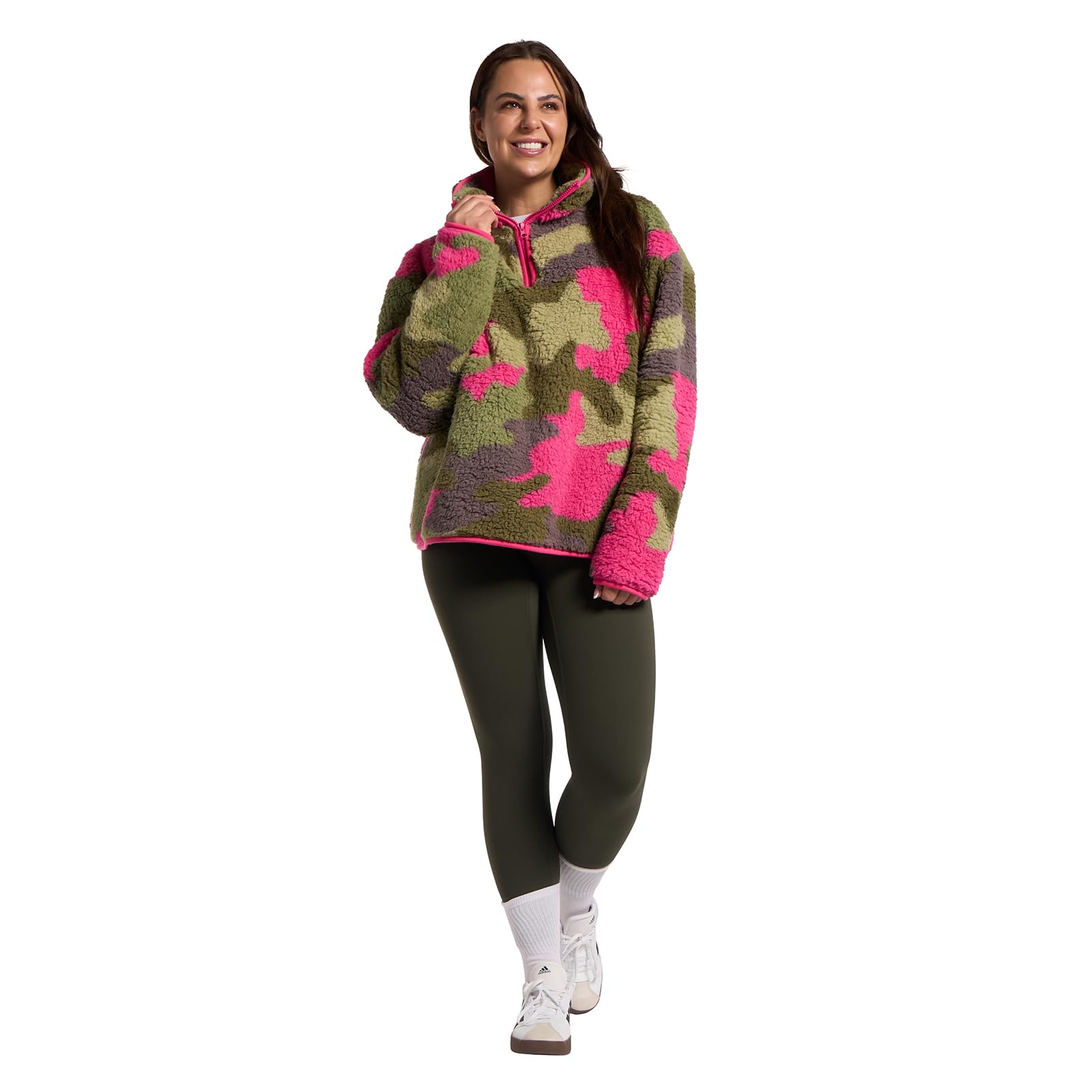 Ohs Women's Camo - Pink Teddy Fleece Jacket Camouflage Half Zip Fleece Pullover Ultra Soft Cosy Sweatshirt Casual Long Sleeve Sweater Top For Travel Hiking, Pink/Green - L/Xl