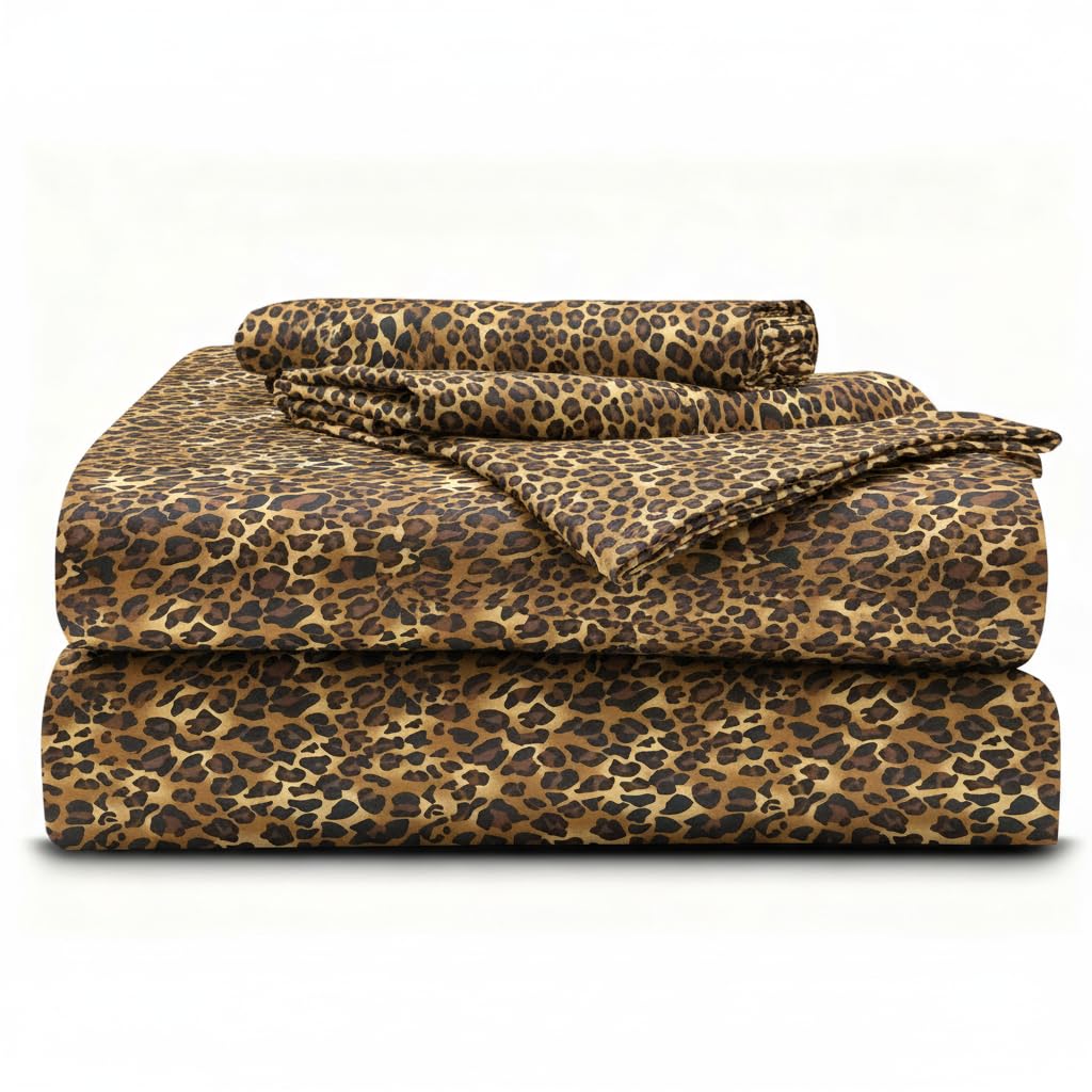 Eastern King - 76" x 80" Size Luxury 600 Thread-Count 100% Egyptian Long Staple Cotton Sheets Set Sheet Set Soft &amp; Silky Sateen Weave 15 Inch Deep-Pockets - Eastern King, Leopard Print