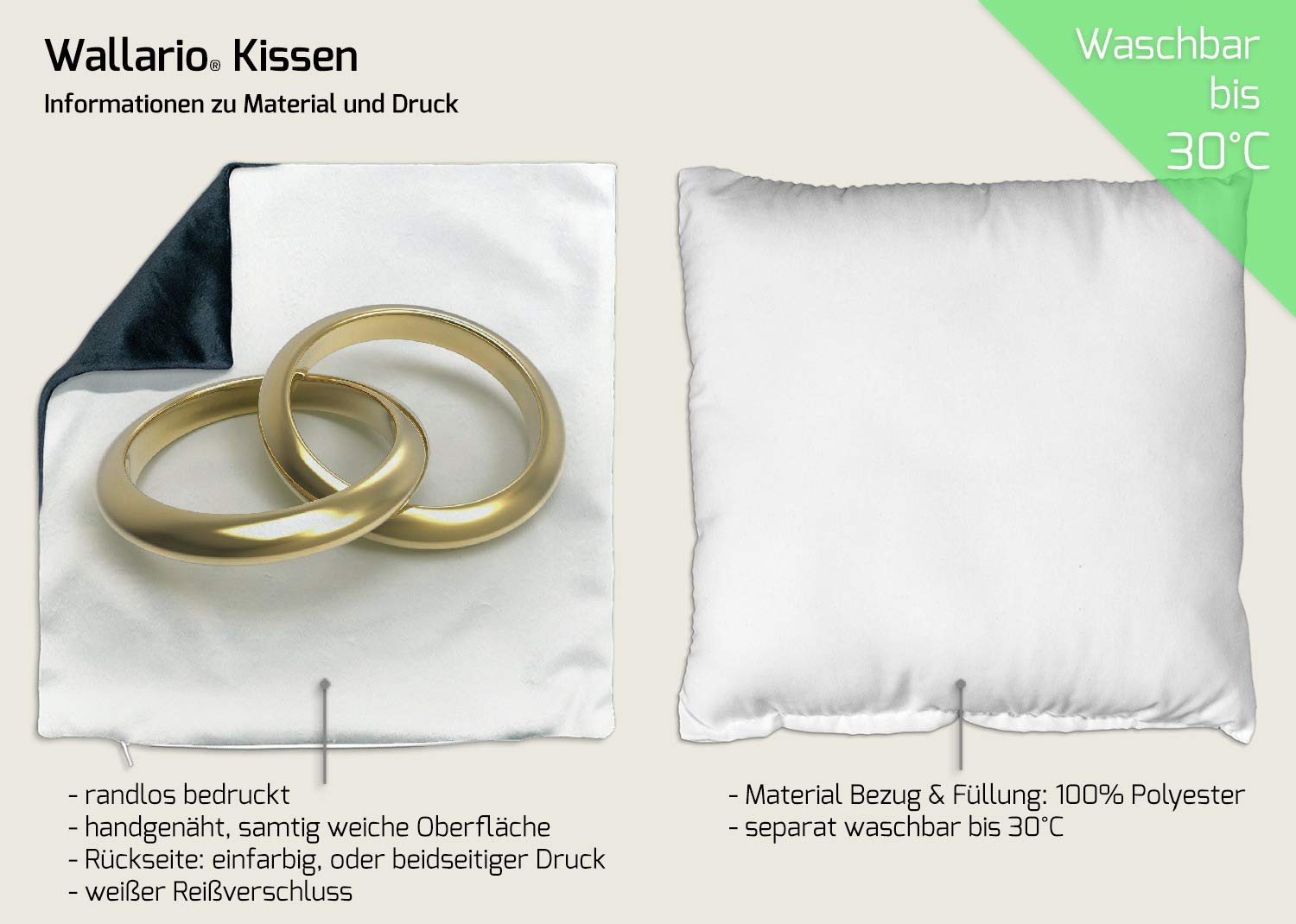 Wallario Dekokissen 30 x 30 cm, Zwei goldene Eheringe in Nahaufnahme auf weißem Grund, beidseitig Bedruckt, Kuschelkissen mit weicher Plüsch-Oberfläche