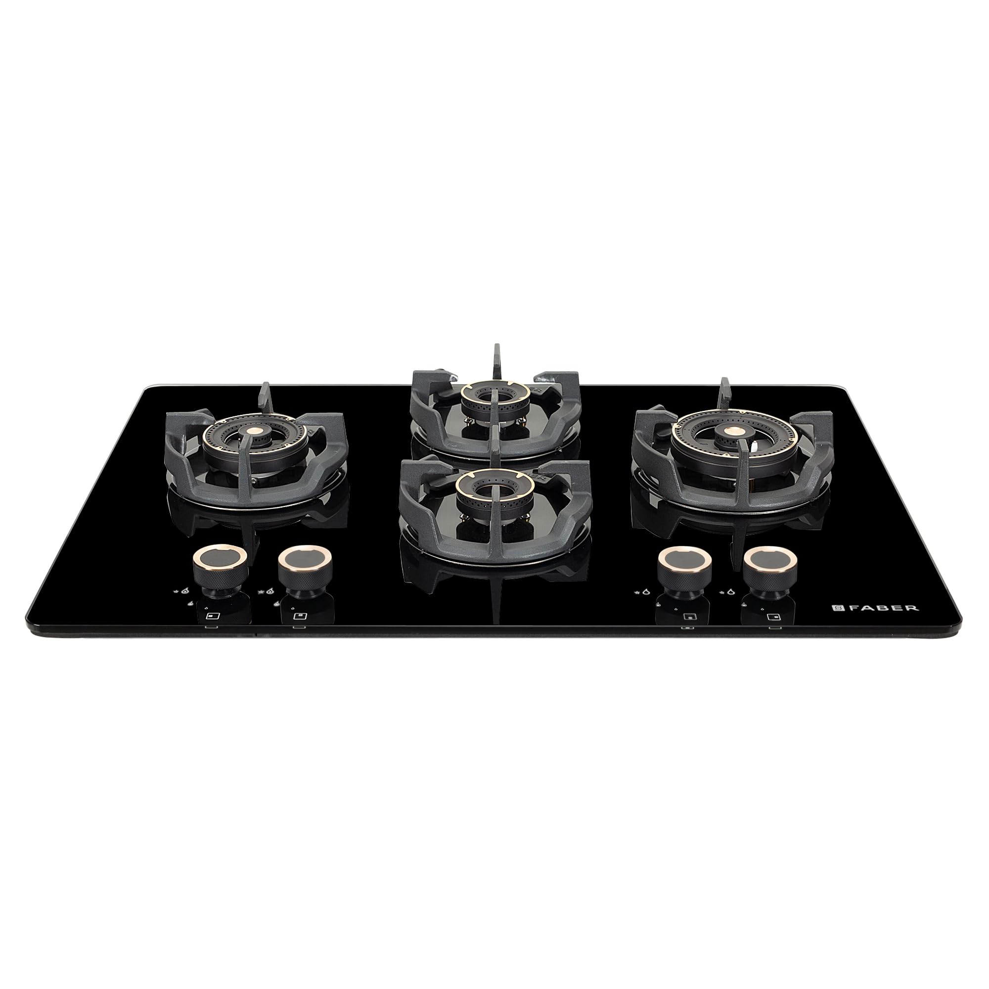 Faber 75Cm 4 Burner Hob|Auto Ignition|Built-In Or Hobtop|Flame Failure Device|Cast Iron Pan Support|Glass Finish|Metal Knobs|Warranty 5 Years On Glass And Valves|Hob Experia Ht754 Alu Ai Ffd,Black
