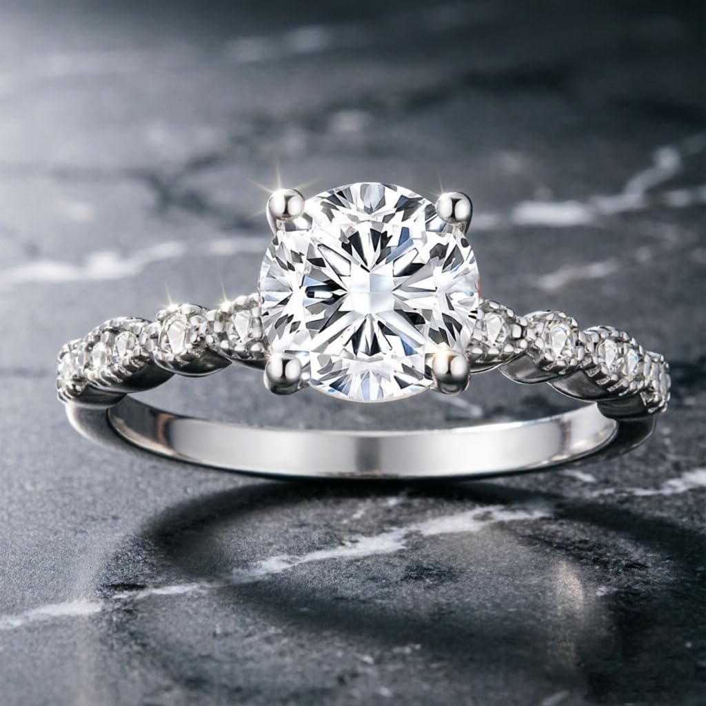 Blocaci 1-1/5 Carat (ctw) Classic Round Engagement Rings for Women Platinum Plated Silver Moissanite Engagement Ring Anniversary Promise Ring