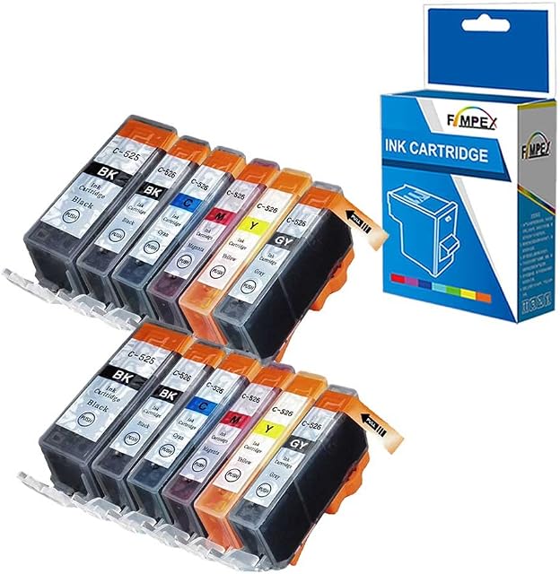Fimpex Compatible Ink Cartridge Replacement for Canon Pixma MG6150 MG6250 MG8150 MG8170 MG8250 PGI525/CLI526 (Black/Cyan/Magenta/Yellow/Grey, 12-Pack)