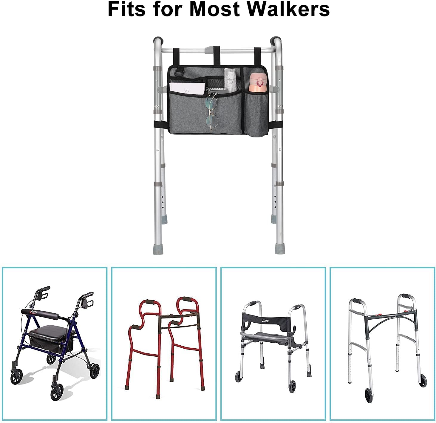 supregear Walker Bag with Cup Holder, Water-Resistant Wheelchair Pouch Folding Walker Accessory Basket for Wheelchairs, Rollators, Scooters, Grey : Health & Household