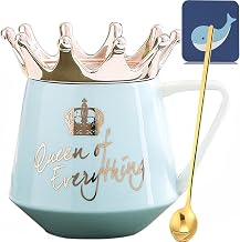Queen of Everything mug with lid crown 12 oz Queen Elizabeth cup gift blue ceramic mugs birthday gifts for 20 30 40 50 60 70 80 90 women gift for girlfriend girls mom