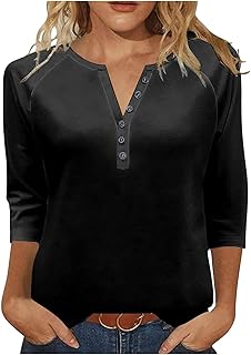 3/4 Sleeve Tops for Women Cotton Dressy Button V Neck Henley Shirt Casual Raglan Shirts Color Block Fall Tunic Blouses
