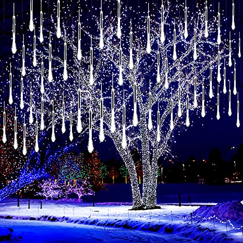 Kwaiffeo Christmas Lights Outdoor, 8 Tubes Meteor Shower Lights LED Snow Falling Icicle Cascading Light for Xmas Tree Wedding Decoration Party, UL Plug, White
