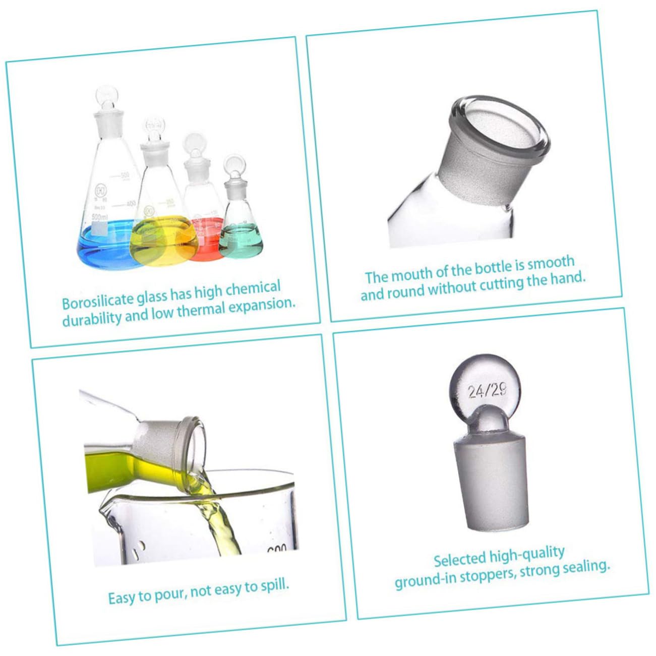 Set 3 Pezzi Beuta Conica in Vetro 250ml con Tappo Sughero, Vetreria da Laboratorio per Esperimenti di Chimica in Classe, Bottiglia Liscia e Inodore