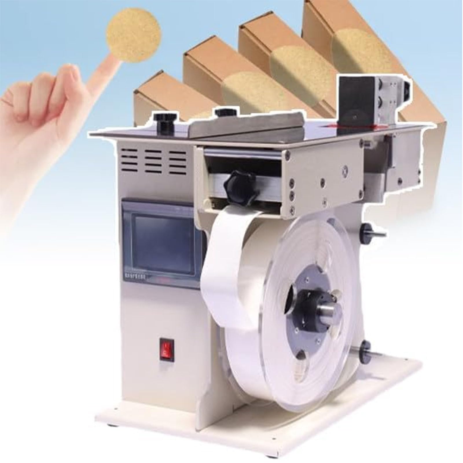 Etichettatrice semiautomatica per sigillare scatole, anticontraffazione, display touchscreen, velocità e lunghezza regolabili, garantisce l'integrità del prodotto