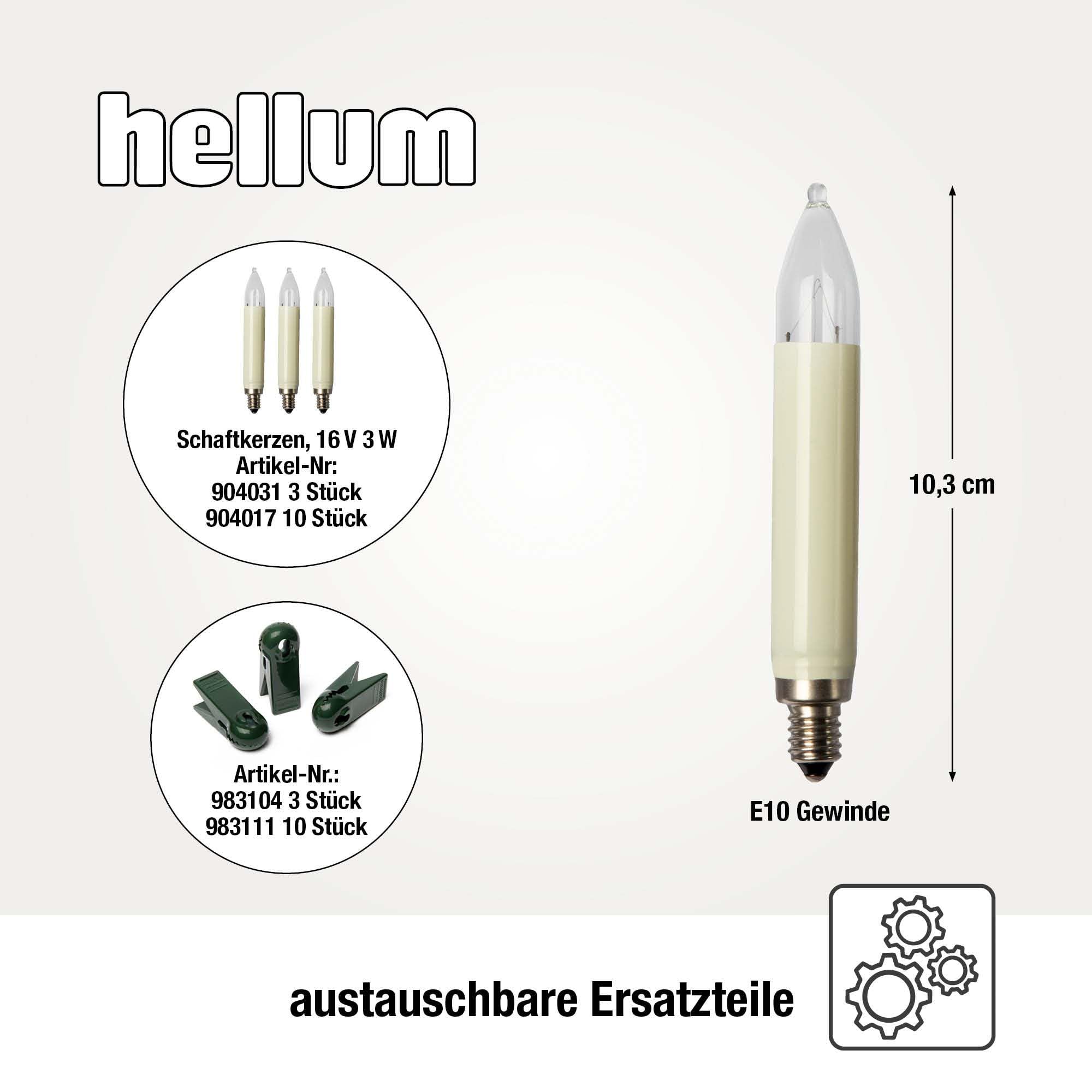 hellum Lichterkette Weihnachten innen mit 15 Kerzen und teilbarem Stecker | Made in Germany warmweiß, Lichterkette Weihnachten mit Clip, 9,80m beleuchtet, Kabel grün, inkl 3 Ersatzkerzen <59lm 430059