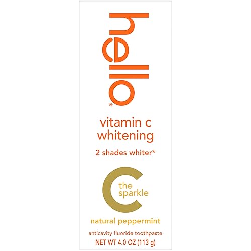 hello Vitamin C Whitening Toothpaste with Fluoride, Whitening SLS Free Toothpaste, Up to 2 Shades Whiter Teeth, No Peroxide, Safe for Everyday Use, Natural Peppermint, 4.0 Oz