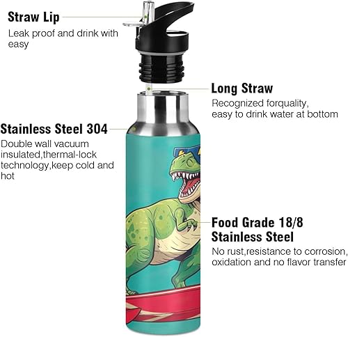 Miniatura 3 de Stainless Steel Vacuum Insulated Water Bottle 32 Oz, Leakproof Water Bottles for Gym Outdoor Travel School, Cool Green Rex Dinosaur Teal