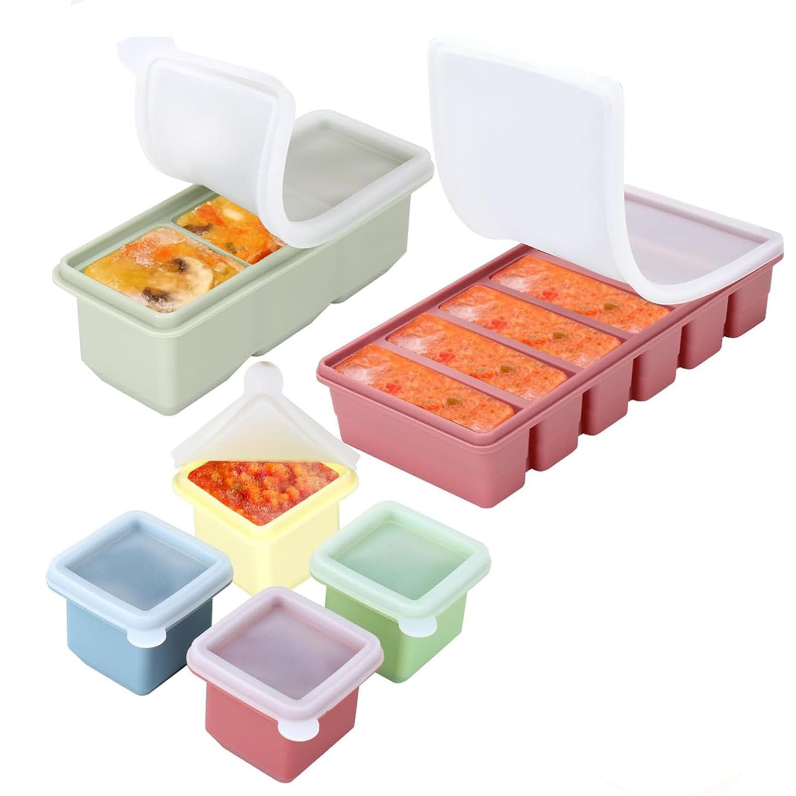 6 Pezzi Stampo Cubetti Riutilizzabili in Silicone Coperchio Set 4×125 ml Porzioni Singole, 3×125 ml Multiforma & 6×100 ml Contenitori Congelamento, Senza BPA per Alimenti Liquidi Zuppe