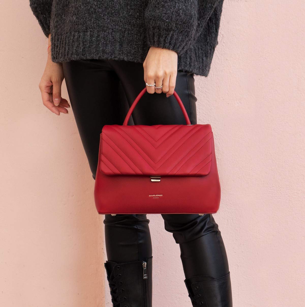 David Jones - Borsa a Tracolla Catena Trapuntata Donna - a Mano, Spalla, PU Pelle - Messenger Crossbody Bag - Borsetta Satchel Sera Chevron Clutch - Nero