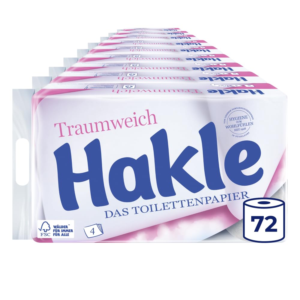 Hakle Dreamsoft 72 rollos de papel higiénico de 4 capas | 130 hojas por rollo, limpieza suave para el bienestar