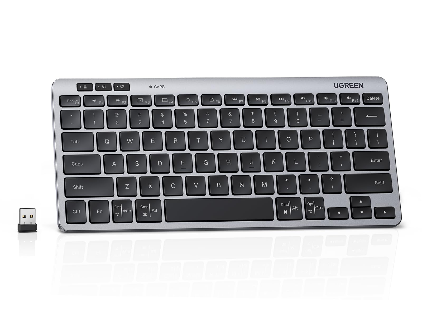 UGREEN Wireless Keyboard 3 Device Bluetooth&2.4G Slim Silent Keyboard with Scissor-Switch Design, 250-Day Battery Life, 4°-9° Adjustable Stand, Compact Portable Keyboard for Mac,iPad, Windows, Android 78 Keys（English） Grey-Black（English）