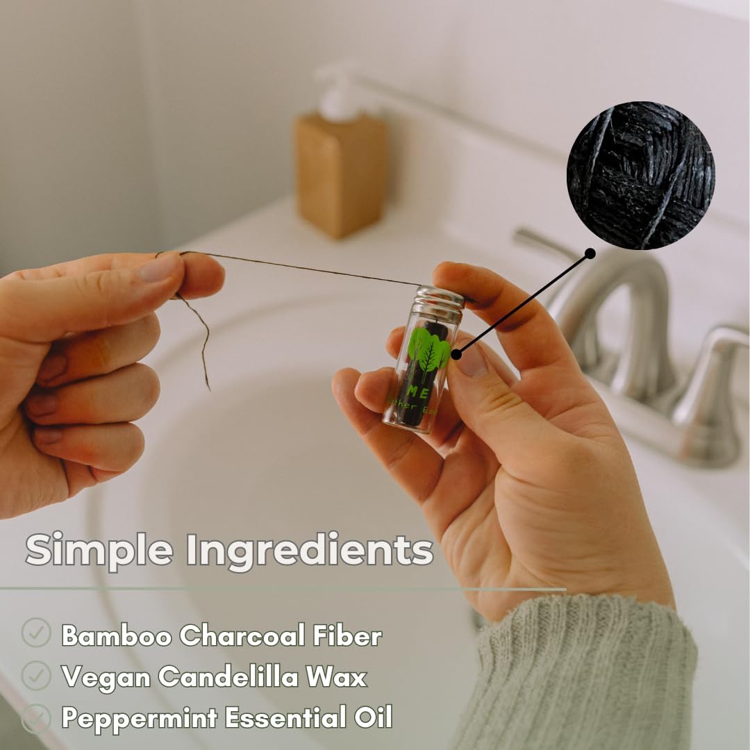 Vegan Biodegradable Bamboo Charcoal Dental Floss with Refillable Glass Container and Dental Floss Refill, 30M x4 | Peppermint Essential Oil | Eco Friendly | Zero Waste Oral Care