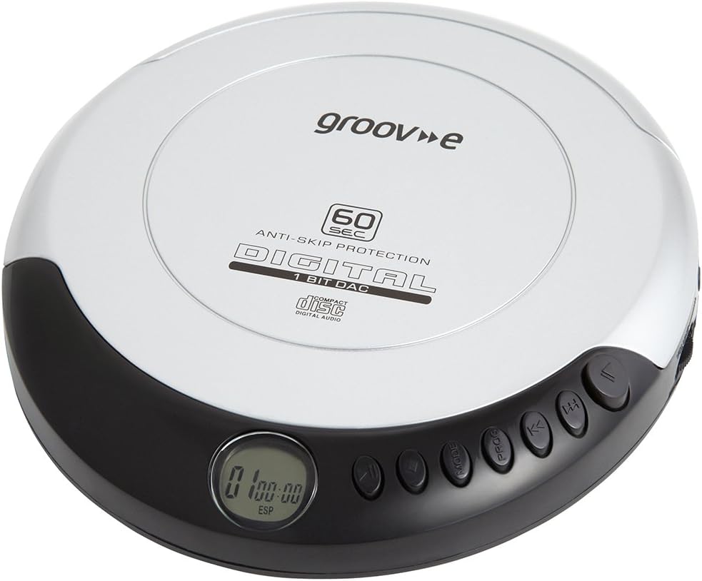 Groov-e RETRO Compact CD Player - Personal Music Player with CD-R & CD-RW Playback - Anti-Skip Protection, Programmable Tracks - Earphones Included - Micro-USB or Battery Powered - Silver