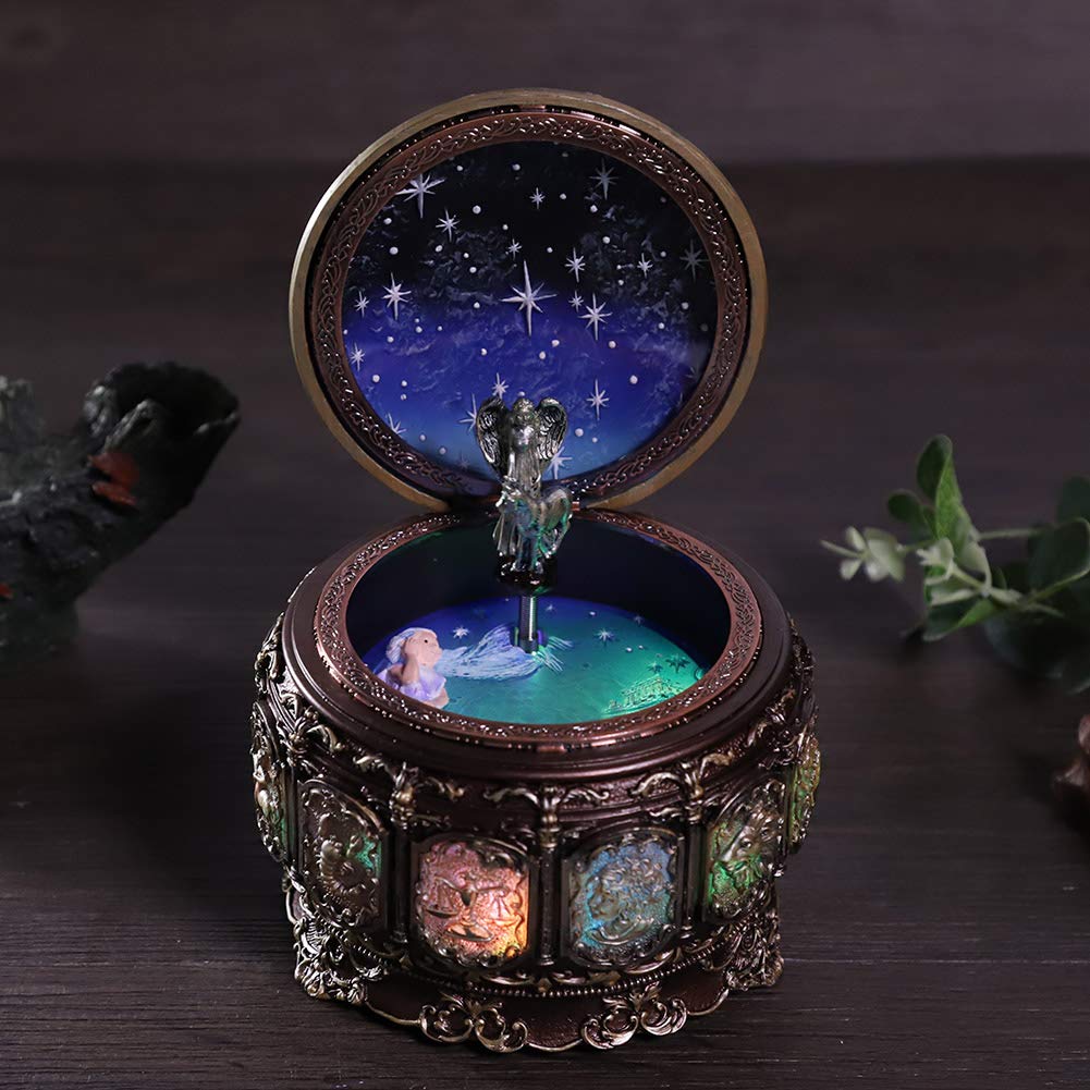 Greensen Scatola Musicale Vintage con Dea Rotante e Luci LED Suona la Melodia de Il Castello nel Cielo per Regali Collezionisti Bambini Adulti (Toro)