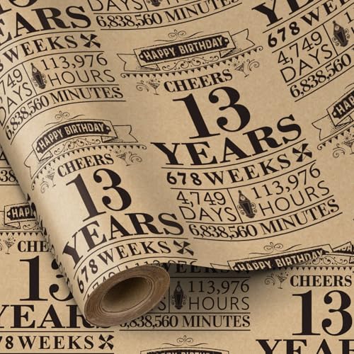 RUSPEPA Birthday Wrapping Paper Roll, Mini Roll, Black 13 Years Design Kraft Gift Wrap Paper Great for Birthday, Party, Holiday, 17 inches x 16.4 feet, 13th Birthday