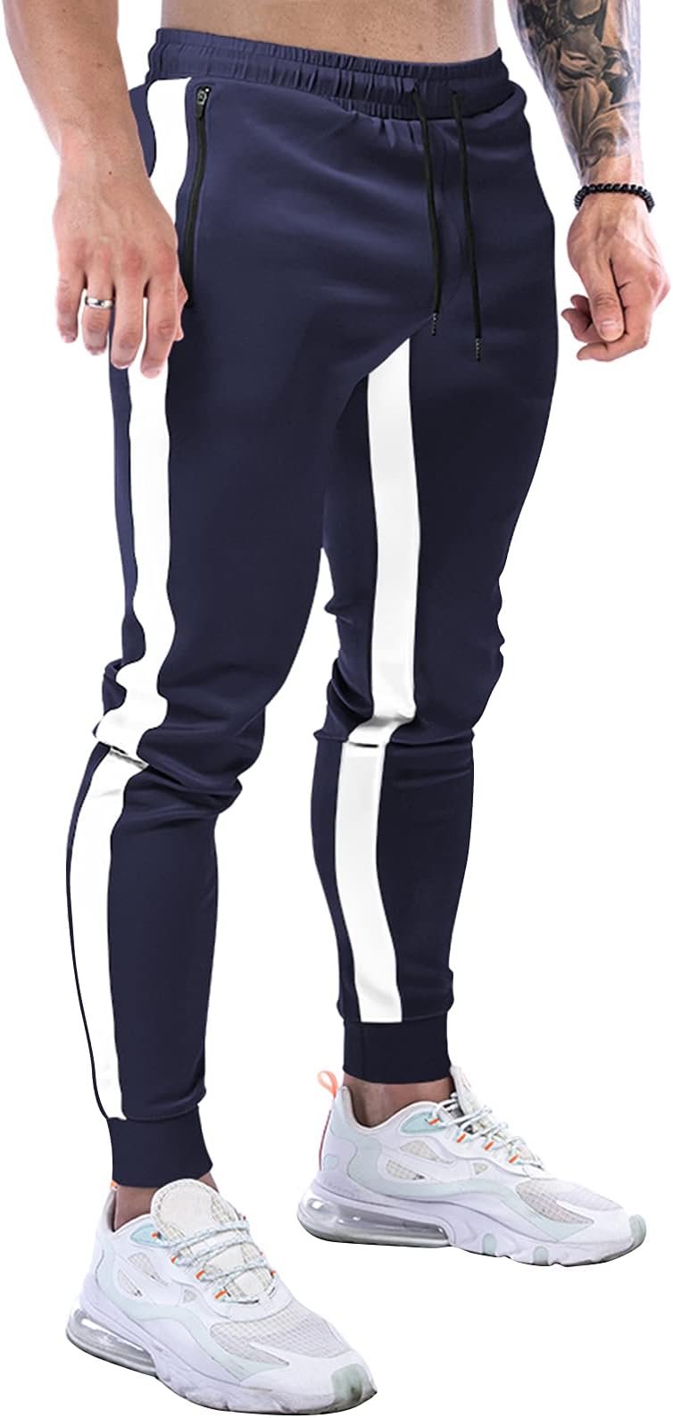 Mens Tracksuit Bottoms Training Gym Trousers Joggers Fitness Slim Fit Stripe with Zip Pockets