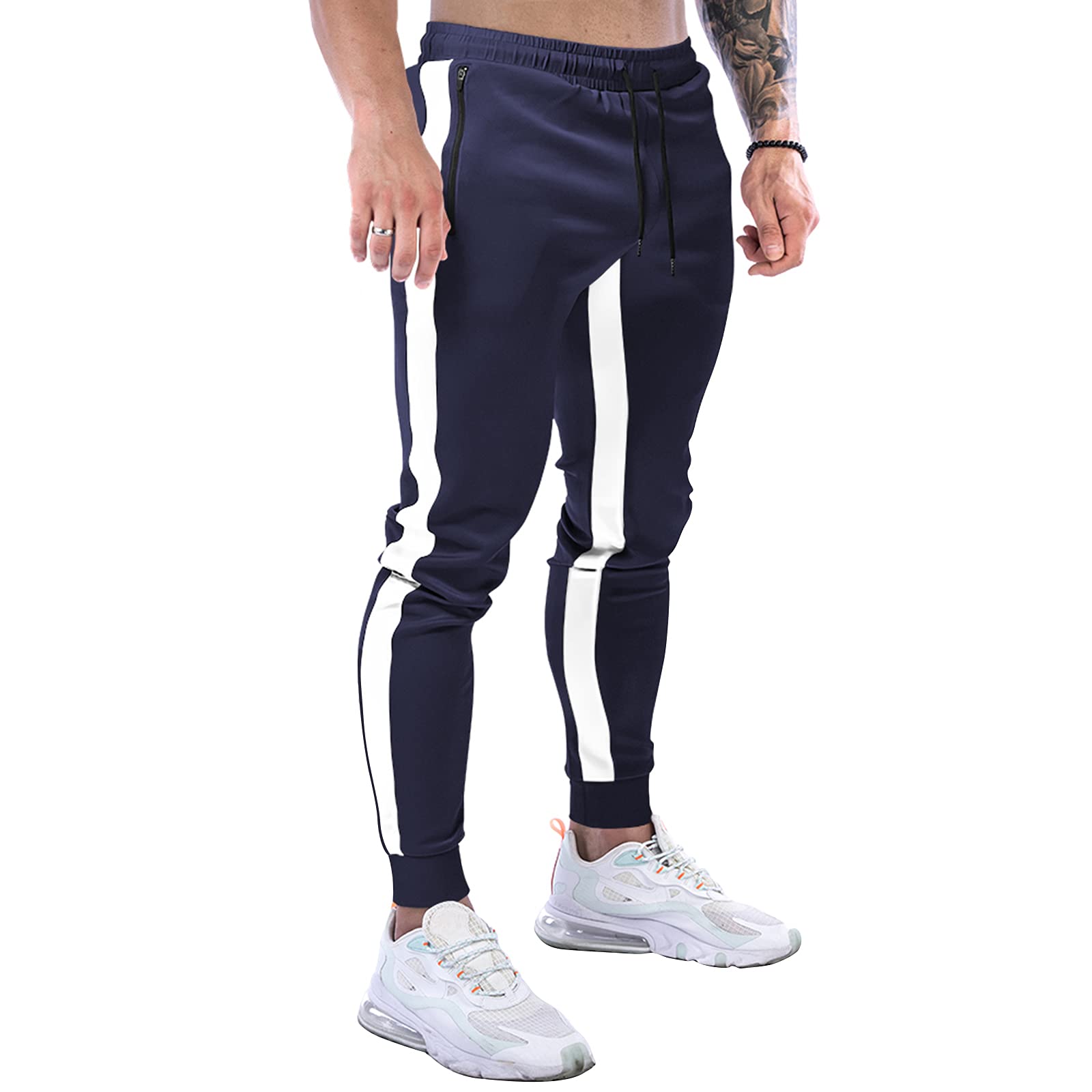 Mens Tracksuit Bottoms Training Gym Trousers Joggers Fitness Slim Fit Stripe with Zip Pockets