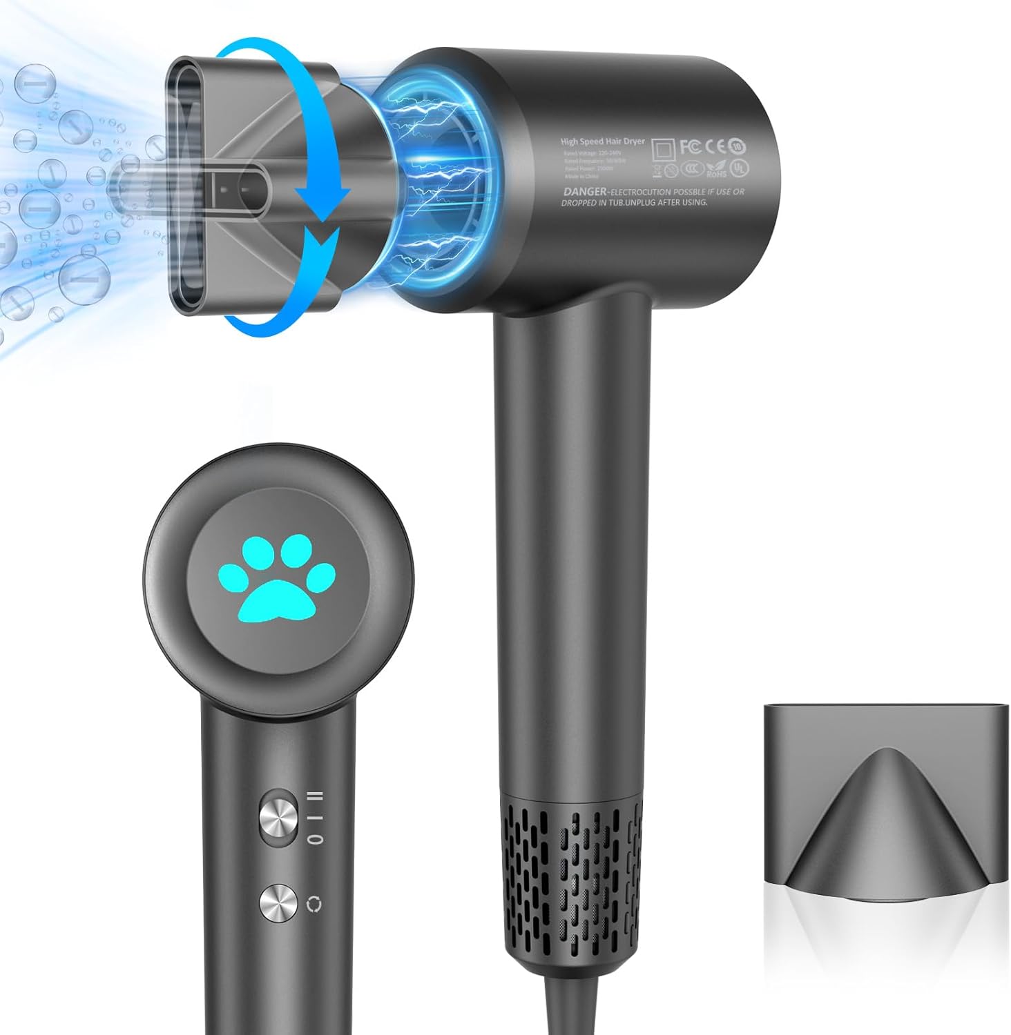 KISSLEAF Haardroger met 200 miljoen negatieve ionen, 110.000 omw/min, snelle droging, 360 graden magnetische diffuser, 30 dB, geluidsarm