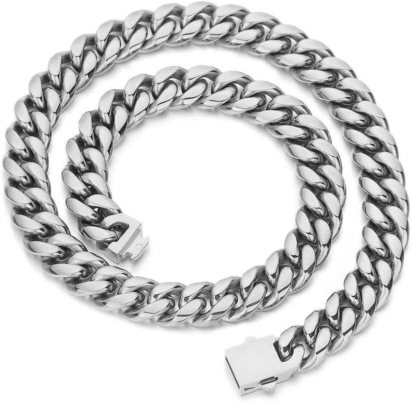 12mm Men's Miami Cuban Necklace - 18k or White Gold Plated Stainless Steel Cuban Chain