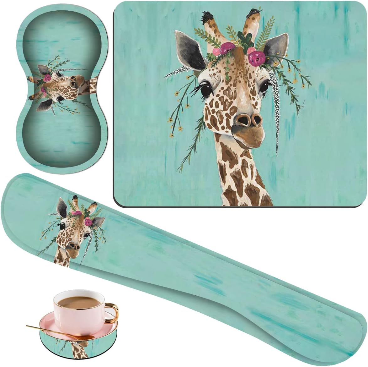Keyboard Wrist Rest Pad + Square Mouse Pad + Wrist Rest Support Pad + Coaster, Ergonomic Memory Wrist Rest Support 4-Piece Combo Set for Gaming and Office, Green Rustic Wood and Giraffe