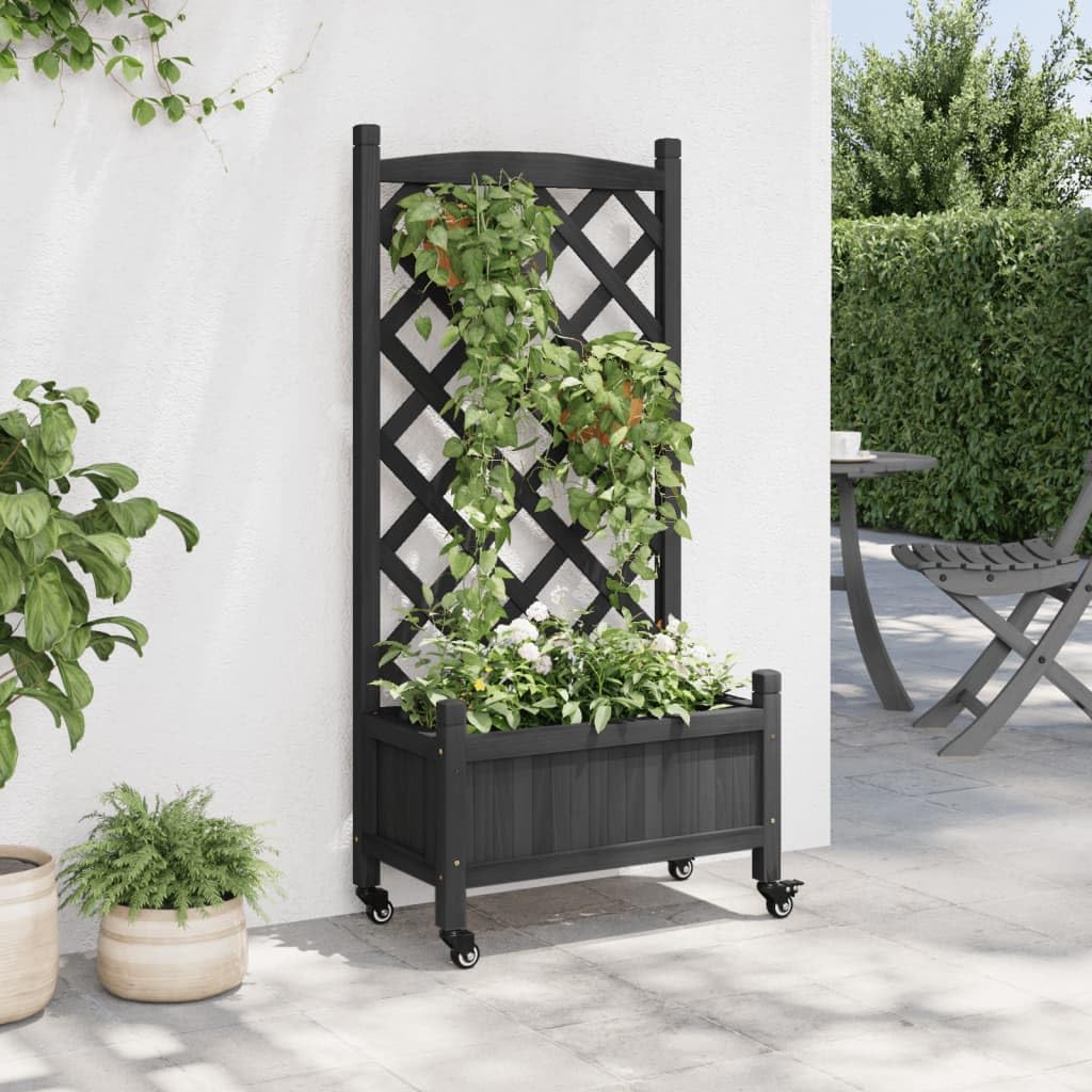 Jardinière avec Treillis et Roues Noir Bac à Fleurs en Bois de Sapin pour Plantes Grimpantes Potager Vertical de Balcon Terrasse Jardin Étagère Extérieure 55x29,5x117,5 cm