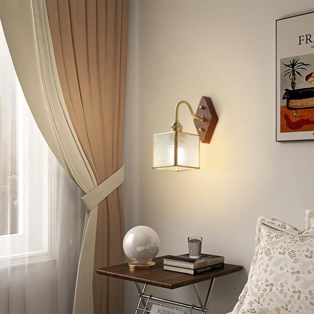 Applique da Parete Dorata, Applique Moderne con Paralume Quadrato in Vetro, Lampada da toeletta Dorata di metà secolo, lampade da Interno Vintage in Ottone, Base in Legno per Camera da Letto, Com