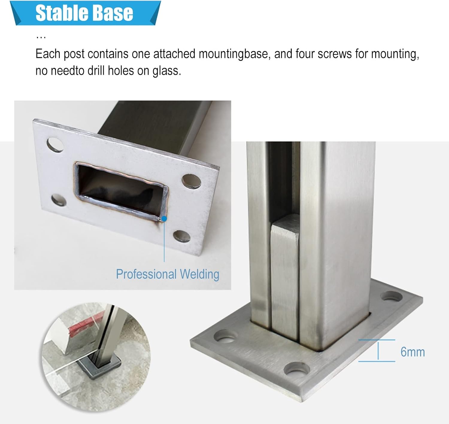 Glass Railing Post,Stair Post 3/4/5ft Tall Glass Railing Post, Stainless Steel Staircase Base Rail for Glass Panels, Indoor Attic Stairs Square Fence Support System