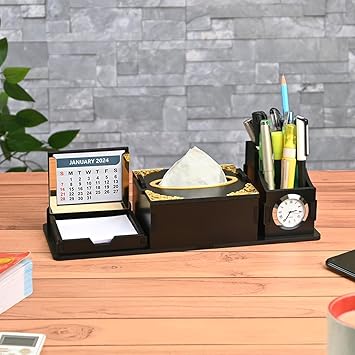 GKD 7 in 1 Desk Organizer with Clock and Table Calendar Office Table Accessories 2024/2025 Calendar with tissue box holder & remote holder wooden pen stand (Premium finish & Free Tissue Paper) - image, photos