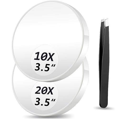 Magnifying Mirror 10X&20X Set, Magnified Mirrors 3.5' with Two Suction Cups and Tweezers, Travel Magnifyied Mirror Set C