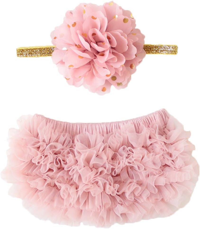LilPinkGoose 2pcs Baby Girl Chiffon Bloomer & Headband Set Newborn Photo Prop Baby Girl Cake Smash Outfit (Newborn【weight less than 13lbs】)