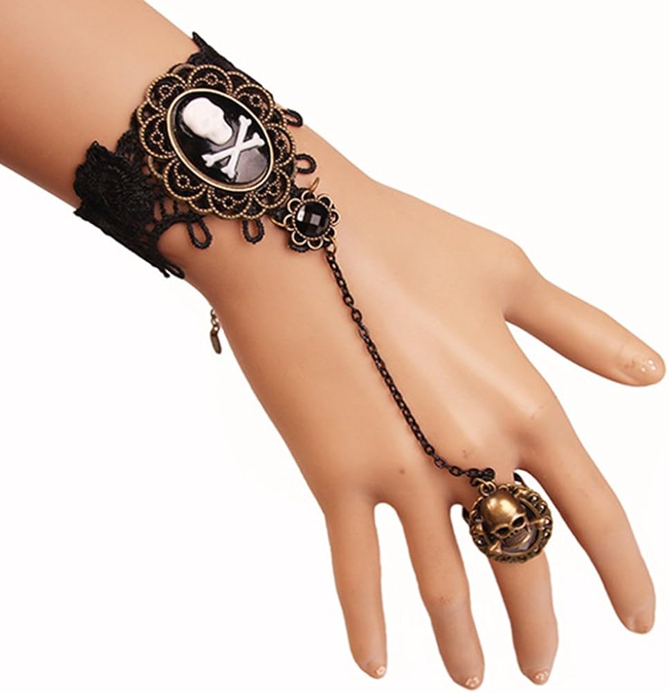 Vista 3 de BESTOYARD Pulsera de Halloween con Anillo Retro Skeleton Calavera Mujer Halloween Accesorio