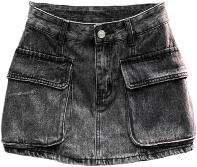 Waisted Workwear Denim Skirt for Women in Summer Large Pockets Street