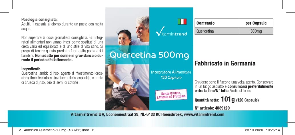 Vitamintrend Quercétine 500 mg, 120 gélules, hautement dosé, complément alimentaire végan sans stéarate de magnésium, fabriqué en Allemagne