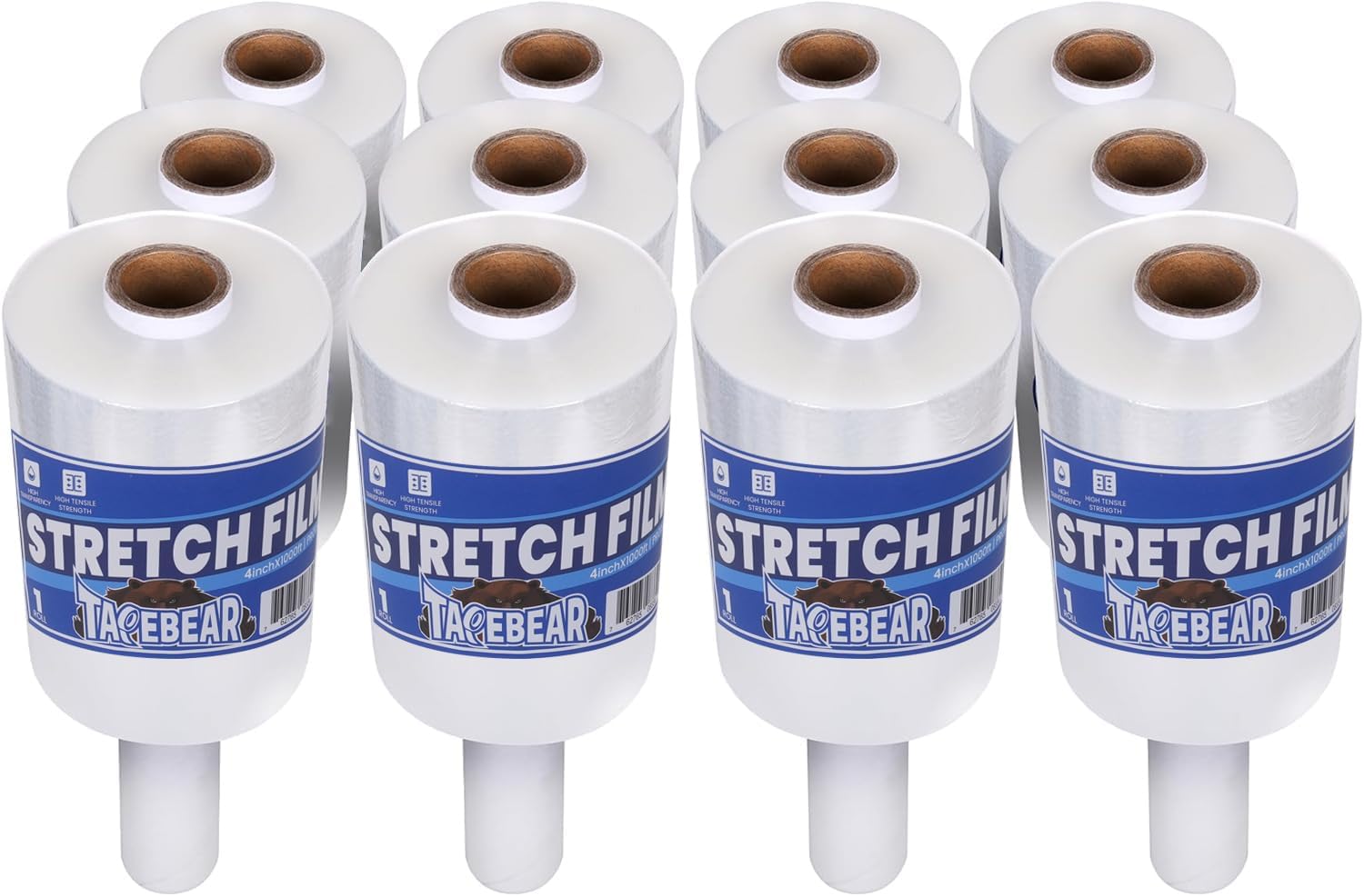 TAPEBEAR 12Rolls Stretch Wrap Film 4" x 1000Ft Shrink Wrap Roll with Handle, 60 Gauge Thick Durable Self-Adhering Clear Plastic Wrap Industrial Strength Pallet Shrink for Moving, Packing