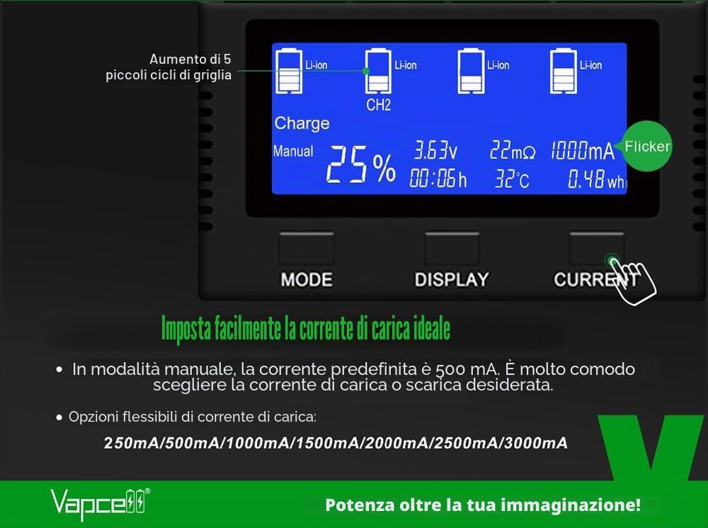 Caricabatterie universale intelligente per batterie, 4 slot di ricarica indipendente con display LCD con funzione di scarica, ricarica e test di capacità