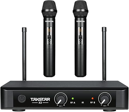 TAKSTAR Micrófono inalámbrico, sistema de micrófono de mano dual inalámbrico UHF, 2 x 32 canales, conexión infrarroja, rango de 164.0 ft, micrófono