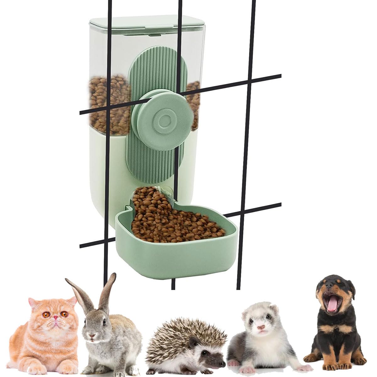 1L Rabbit Pet Food Dispenser, Hanging Automatic Food Bowl for Cage, Feeding Station for Small Dog Cat Kitten Bunny Guinea Pig Ferret, 1L Capacity (Feeder)
