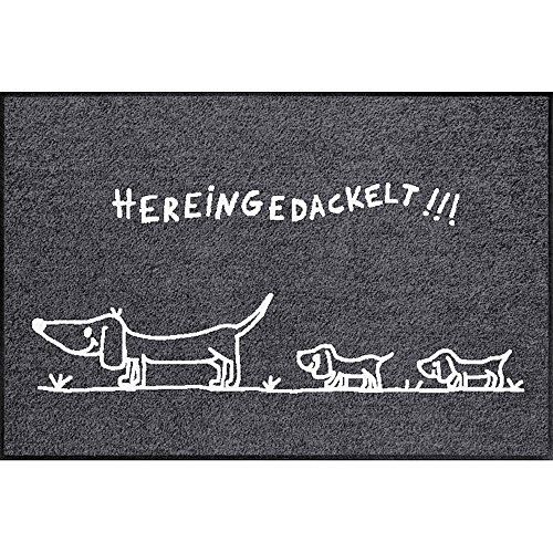 Salonloewe washable doormat, shoe cleaner, 50 x 75 cm, with "Hereingedackelt" motif, beige/charcoal with dachshund motif