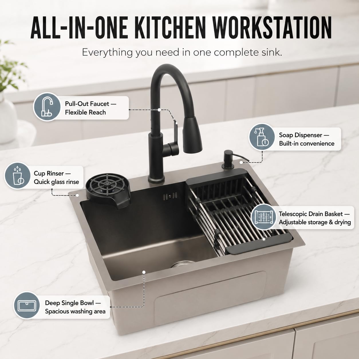 Lavello da cucina in acciaio inox, 1 vasca, 45 x 40 cm, con rubinetto estraibile, lavello da incasso con lavacalici, cestello scolapiatti e dispenser di sapone, per ristoranti, caffè, bar e hotel
